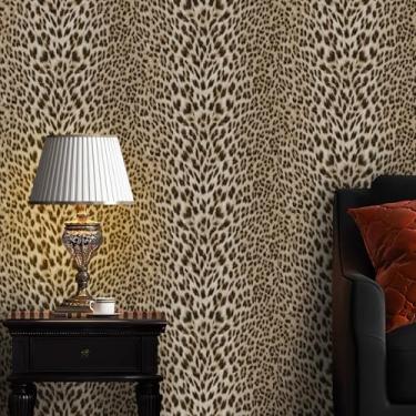 Imagem de Papel de parede texturizado de leopardo realista, 43,9 cm x 1,199 cm Papel de parede não colado com glitter dourado papel de parede em relevo 3D com estampa de leopardo mural para quarto, sala de
