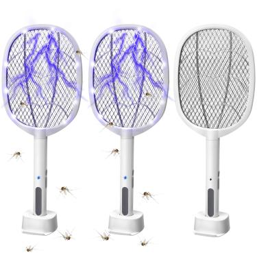 Imagem de Phosooy Pacote com 3 raquetes de mata-moscas elétricas, 2 em 1, eliminador de insetos com 3000 V de alta tensão, armadilha de luz para insetos assassino de mosquitos com malha de segurança de 3