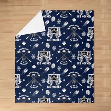 Imagem de Erosebridal Cobertor de flanela de hóquei no gelo, cobertor de lã de gol de hóquei de disco, esporte europeu azul outono felpudo bola de pelúcia competitiva jogos competitivos decoração de sala de