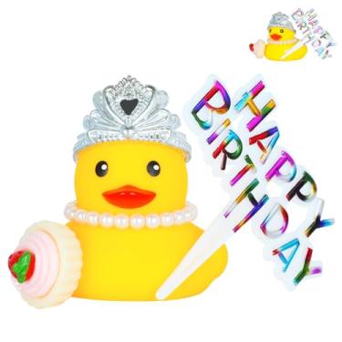 Imagem de Conjunto de acessórios de carro de pato de borracha de aniversário (inclui coroa, colar de pérolas, acessório de bolo, placa de "feliz aniversário" e almofada adesiva), acessórios de painel de