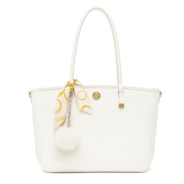Imagem de ALWY Bolsa Feminina Ombro Couro Sintético Social Elegante Lenço e Pom Pom, Bolsa Madame, Elegante, Sofisticada, Modelo 2026 (Branco)