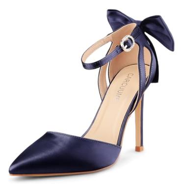 Imagem de Carcuume Sandália feminina de bico fechado com salto agulha com laço e bico fino, sapatos de casamento, Cetim marinho, 36