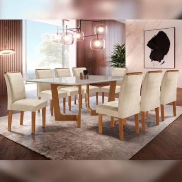 Imagem de Conjunto Sala De Jantar Nápoles Tampo Vidro/MDF com 8 Cadeiras Luísa Smart Plus Cel Móveis Cinamomo/Off White/Bege