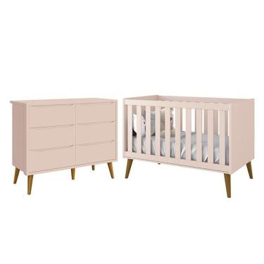 Imagem de Jogo De Quarto Infantil Theo Cômoda 6 Gavetas E Berço Rosa Fosco Com Pés Amadeirado Reller Móveis Rosa Fosco