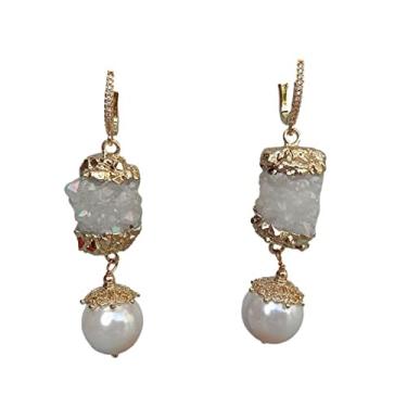 Imagem de Quartzo branco natural pedra drusa concha do mar branco brincos de gancho de pérola presente feminino 20 cm