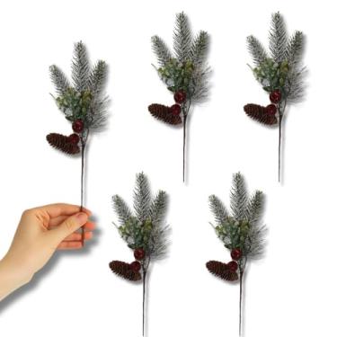 Imagem de Kit com 5 Galhos, Buquês artificial de Natal Decorativo 30cm com Pinha e Frutinhas Vermelhas | Enfeite Natalino Realista para Árvore, Guirlandas e Arranjos | Decoração Festiva Azevinho