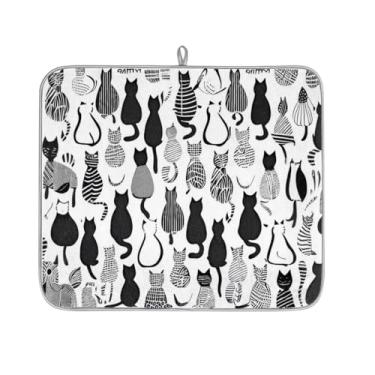 Imagem de LELEGO Tapete de secagem de pratos de animais com estampa de tiras de gato para manter seco absorvente pratos de secagem tapete reversível microfibra absorção de água escorredor de pratos para balcão