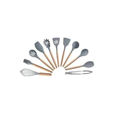 Imagem de Conjunto de Utensílios de Cozinha em Silicone e Plástico, Cinza, 3 Peças, com Fuê 26cm, Espátula 24,5cm e Pincel 22cm, Resistente ao Calor até 230°C