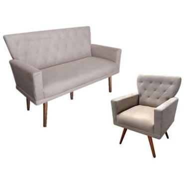 Imagem de Kit Namoradeira + 1 Poltrona Decorativa Aurora Suede Bege Pés Madeira 