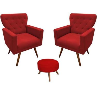 Imagem de Kit 2 Poltronas Decorativa Aurora + 1 Puff Redondo Suede Vermelho Pés 