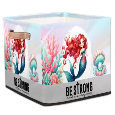 Imagem de hongjinglin Cestos dobráveis de armazenamento de cubos, sereia, bonitas, vermelhas, caixas dobráveis brinquedo infantil com alças, organizador de tecido, cesto organizador para berçário, sala de estar