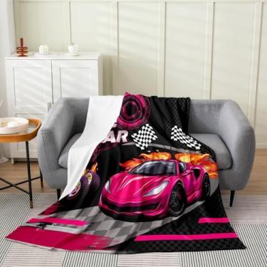 Imagem de Feelyou Cobertor infantil rosa de flanela de flanela para carro de corrida 127 x 152 cm, cobertor felpudo para carro esportivo de velocidade para meninos e meninas, carro, corrida, carro, cobertor de