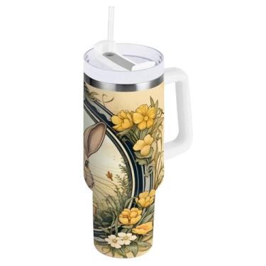 Imagem de ATTX Copo de coelho da Páscoa de 1,134 g com alça, copo de aço inoxidável a vácuo de parede dupla com palha, caneca de café de viagem isolada #401