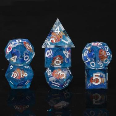 Imagem de UBEUCK DND Dice Set 7-Pcs Sharp Edge Blue Marine Life Style Resin Dice Polyhedron Resin Sharp Edge dice Role-Playing Game RPG MTG Board Game (Marine Life - White)