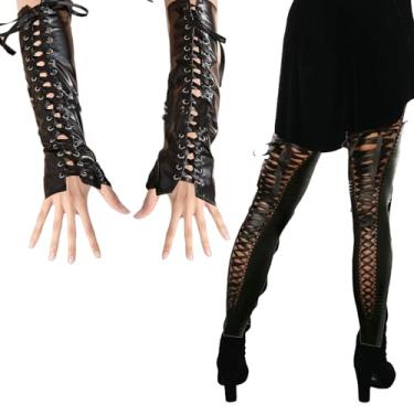 Imagem de Degpum 2 Pcs Women’s Sexy Wet Look Costume Set for Halloween Cosplay Include Strappy Gloves and Strappy Thigh High Stockings