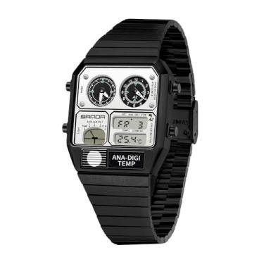 Imagem de MASTOP Relógio digital analógico quadrado retrô com visor de temperatura, 3 fusos horários, luz de fundo luminosa, 50 m, à prova d'água, alarme, cronômetro, semana/data, preto, todo branco, Relógio