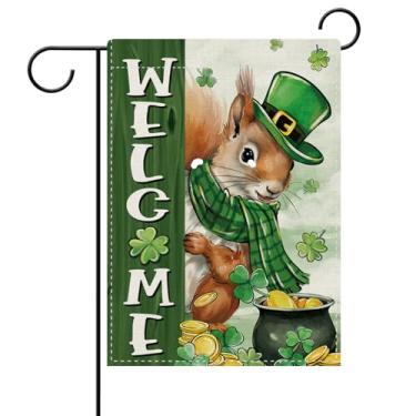 Imagem de Dyrenson Welcome St Patricks Day Squirrel Decorative Garden Flag, Lucky Shamrock Clover Pot of Gold Yard Outside Home Decoration, Irish Spring Burlap Outdoor Small Decor Dupla Face 12 x 18