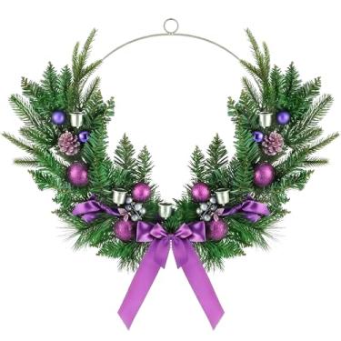 Imagem de Hushee Guirlanda do advento de Natal de 61 cm para porta da frente grande guirlanda de argola do advento com suporte de vela para decoração de varanda moderna presente de decoração de cornija (roxa)