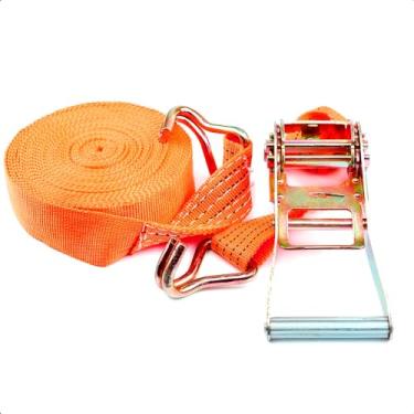 Imagem de Cinta de Amarração com Catraca para Carga, Laranja, 4,5m x 2,5cm, Poliéster e Aço Carbono, 700kg, com Ganchos