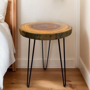 Imagem de DONZIKLE Mesa lateral Live Edge, cerca de 35,5-40,6 cm L x 43,2 cm A mesa de canto de madeira de cânfora com borda natural para sala de estar, mesa de trabalho exclusiva com pernas de grampo de cabelo