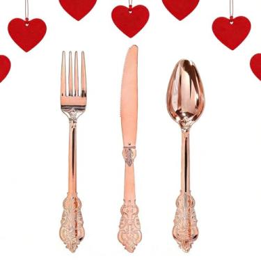Imagem de WDF - 300 peças de talheres de plástico ouro rosa - talheres descartáveis - talheres de plástico pesado - inclui 100 garfos, 100 colheres e 100 facas para casamentos e festas