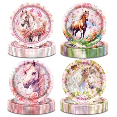 Imagem de 32 peças de pratos de papel para festa de aniversário de cavalo - decorações de festa de aniversário de cavalo ocidental floral rosa para meninas | 4 estilos de pratos de sobremesa descartáveis para
