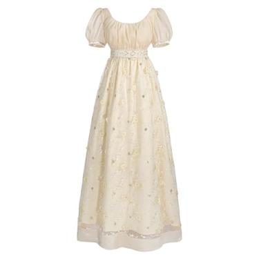 Imagem de LTAKK Regency Dress Vestido feminino cintura império regência fantasia chá festa vestido vitoriano bordado, dourado, grande
