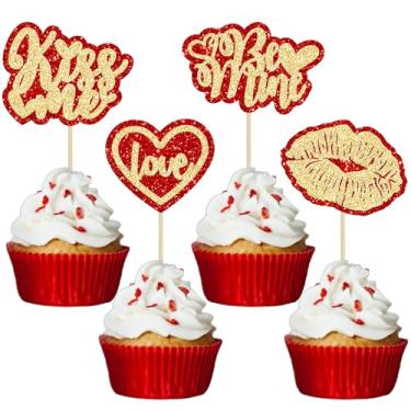 Imagem de Gyufise 24 peças de topo de cupcake de dia dos namorados dourado vermelho glitter coração Be Mine Kiss Me batom escolhas de cupcake tema dia dos namorados casamento noivado chá de panela suprimentos
