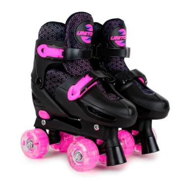 Imagem de Patins Roller 4 Rodas Infantil Ajustável Cor Rosa Meninas Rodinha LED 