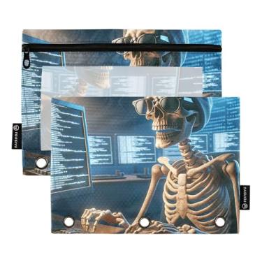 Imagem de Pasta para meninas, 3 anéis, estojo para lápis, fichário com zíper, estojo de caneta, esqueleto escolar, programador, crânio, engraçado, 25 x 18 cm, 2 pacotes