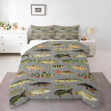 Imagem de Feelyou Jogo de cama solteiro com estampa de peixe robalo, para crianças, meninos, meninas, decoração de cabana rústica, edredom respirável, macio, leve, microfibra para decoração de quarto