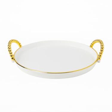 Imagem de Bandeja Decorativa Luxo com Alças Douradas Multiuso para Banheiro Lavabo e Cantinho do Café (BANDEJA REDONDA DOURADA)