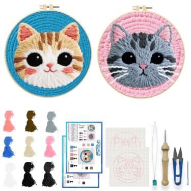 Imagem de ORIGACH Conjunto de 2 kits de agulhas de bordado para adultos iniciantes kit de costura de gato DIY para artesanato artístico e decoração de casa, projeto fácil de perfuração de agulha com aro de 20