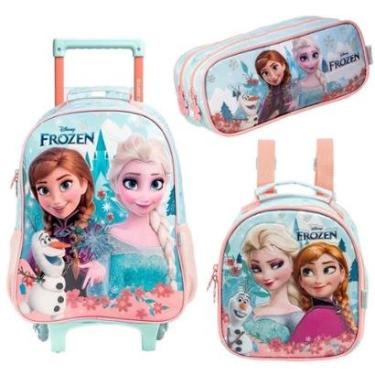 Imagem de Kit Mochila Com Carrinho alça nas costas com Lancheira e Estojo Frozen-Unissex