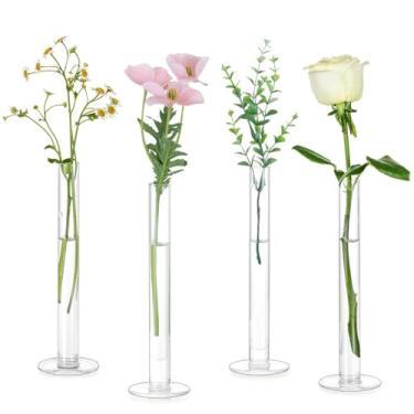 Imagem de Glasseam Vaso de vidro para centros de mesa, pequenos vasos de flores, conjunto de 4 peças de centro de cilindro rosa simples transparente - 20 cm de altura, decorações de mesa de casamento modernas e