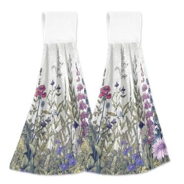Imagem de xigua Conjunto de 2 toalhas de cozinha coloridas de flores silvestres, toalhas de cozinha macias e absorventes rápidas com laço para pendurar e adesivos mágicos, toalhas de mão de pano para pendurar