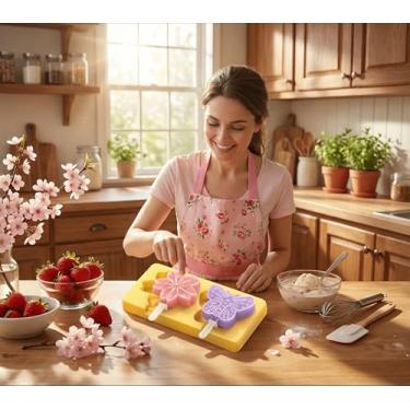 Imagem de Moldes de picolé de desenho animado infantil, moldes de sorvete de silicone de grau alimentício de cavidade, com palitos reutilizáveis, design plano antiaderente