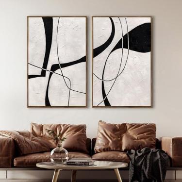 Imagem de 100% pintado à mão, emoldurado em cor de madeira, 2 conjuntos de pintura preta e branca textura grossa grande decoração de parede abstrata para sala de estar, quarto, escritório, decoração de casa