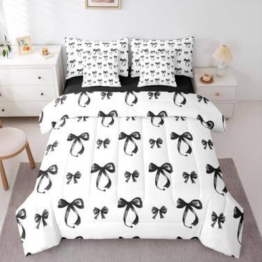 Imagem de Erosebridal Conjunto de cama solteiro com laço, 7 peças, gravata borboleta preta, lençol com laço, preto e branco, decoração de quarto