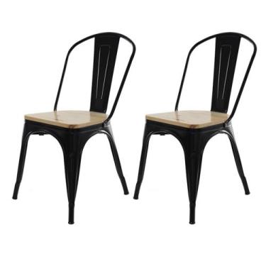 Imagem de Kit 2 Cadeiras Tolix Iron Industrial Preta Assento De Madeira - Cadeir