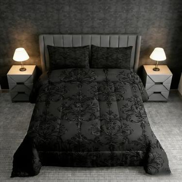 Imagem de Manfei Conjunto de edredom preto damasco casal, conjunto de cama floral damasco vintage gótico, 3 peças, edredom de penas barroco vitoriano antigo para todas as estações, decoração de quarto feminino