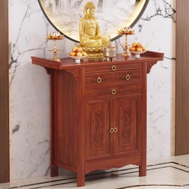 Imagem de Mesa de altar budista – Armário de santuário pessoal com armazenamento, mesa de oferta de pedestal chinês para meditação, design de nicho (88,9 cm x 48,8 cm x 108 cm)