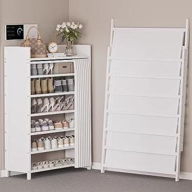 Imagem de Sapateira de bambu de 7 níveis, organizador de armazenamento de sapatos para entrada, sapateira empilhável, armário de sapatos, prateleira de sapato resistente, economiza espaço, alta capacidade (80 x