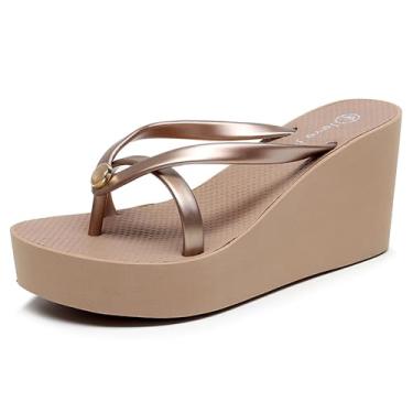 Imagem de EGEBS Sandálias femininas com plataforma plataforma plataforma moderna confortável aberta bico redondo antiderrapante salto grosso chinelos verão piscina festa praia caminhada sandálias, Dourado, 34