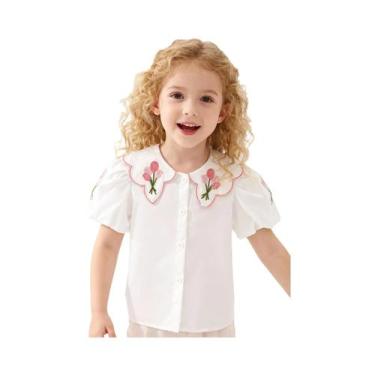 Imagem de Verão novas meninas moda manga curta gola boneca flor camisa bordada v