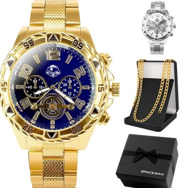 Imagem de Kit Presente com Relógios e Cordão Orizom Spaceman em Aço Inoxidável Dourado Prata Masculino