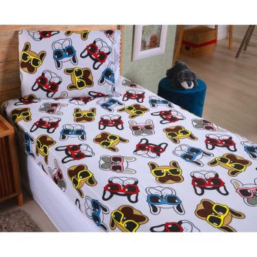 Imagem de Kit Jogo de Lençol Solteiro 2 Peças 100% Poliéster Microfibra 170 Fios com Elástico Estampa Cachorro de Óculos OEM