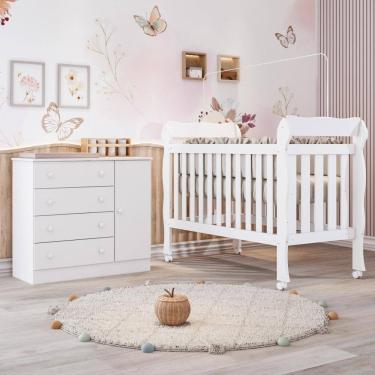 Imagem de Quarto Bebê Berço Americano 3 em 1 Lila Cômoda Infantil Fraldário Lia 100% MDF Branco Carolina Baby