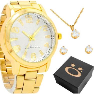 Imagem de relogio dourado feminino aço + caixa + brincos strass colar strass res