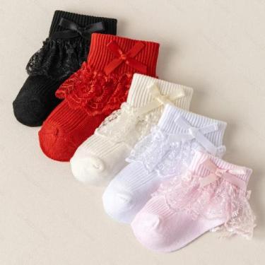 Imagem de Meias De Algodão Multicoloridas Para Bebê Menina Com Laço Grande, 5 Pa